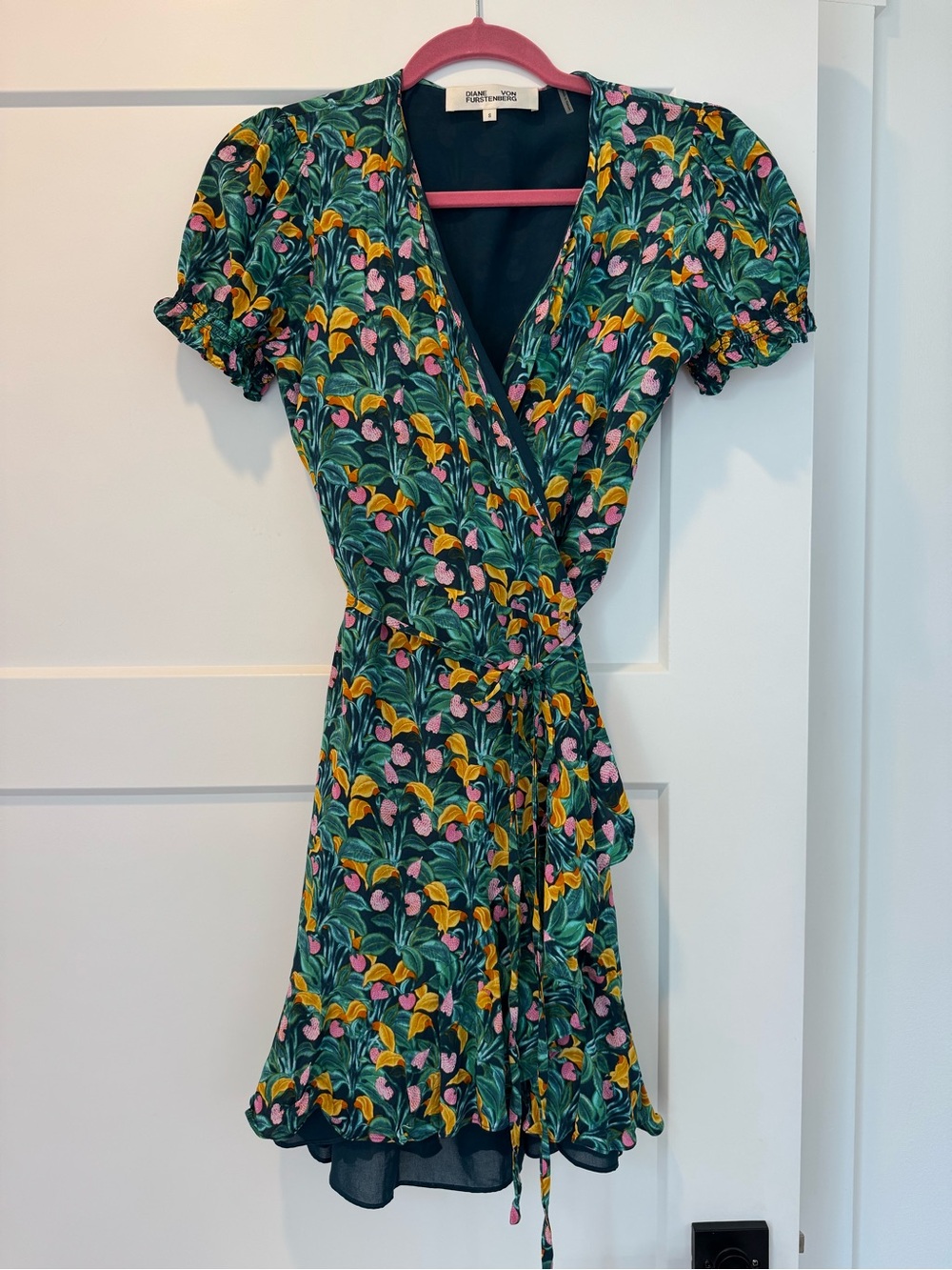 Diane Von Furstenberg Green Floral Wrap Dress with Pink & Yellow Blooms